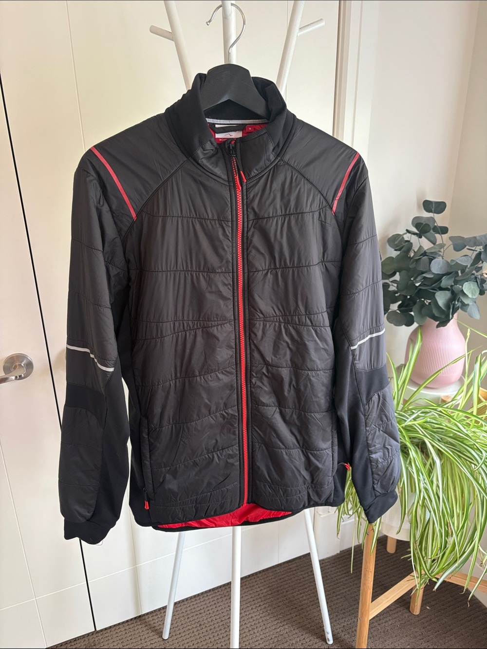 Men's Black Jacket with Red Trim - Lightweight Puffer Style